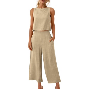 ATHMILE Women’s Summer 2 Piece Outfits Sleeveless Tank Crop Button Back Top Cropped Wide Leg Pants Set Pockets(Khaki)