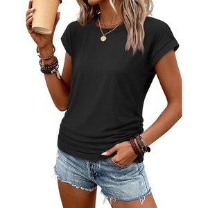 ATHMILE Womens Summer Tops Cap Sleeve Ruched Tshirts Business Casual Crewneck Trendy Outfits Basic Fashion Dressy Clothes(Black)
