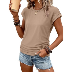 ATHMILE Womens Summer Tops Cap Sleeve Ruched Tshirts Business Casual Crewneck Trendy Outfits Basic Fashion Dressy Clothes(Khaki)