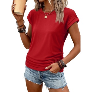 ATHMILE Womens Summer Tops Cap Sleeve Ruched Tshirts Business Casual Crewneck Trendy Outfits Basic Fashion Dressy Clothes(Red)