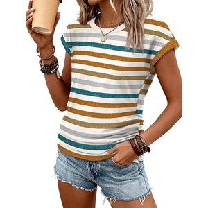 ATHMILE Womens Summer Tops Cap Sleeve Ruched Tshirts Business Casual Crewneck Trendy Outfits Basic Fashion Dressy Clothes(Striped Orange)