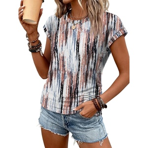 ATHMILE Womens Summer Tops Cap Sleeve Ruched Tshirts Business Casual Crewneck Trendy Outfits Basic Fashion Dressy Clothes(Tie-dye Brown)