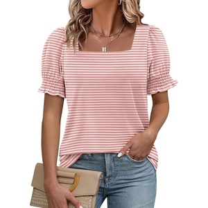 ATHMILE Womens Summer Tops Square Neck Dressy Casual Blouses Ruffle Sleeve Cute Spring Beach Vacation Causal(Pinkstripe)