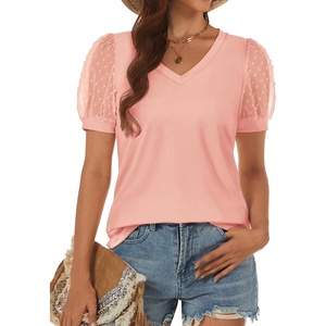 ATHMILE Womens Summer Tops V Neck T Shirts Swiss Dot Puff Sleeve Tops Loose Casual Tshirts(Coral Pink)