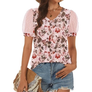 ATHMILE Womens Summer Tops V Neck T Shirts Swiss Dot Puff Sleeve Tops Loose Casual Tshirts(The Butterfly)