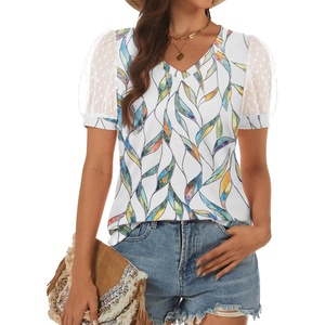 ATHMILE Womens Summer Tops V Neck T Shirts Swiss Dot Puff Sleeve Tops Loose Casual Tshirts(The Leaf Print)