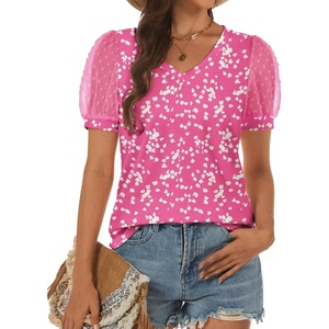 ATHMILE Womens Summer Tops V Neck T Shirts Swiss Dot Puff Sleeve Tops Loose Casual Tshirts(The Pink Dots)