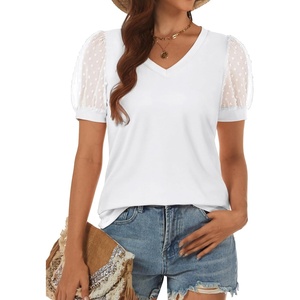ATHMILE Womens Summer Tops V Neck T Shirts Swiss Dot Puff Sleeve Tops Loose Casual Tshirts(White)