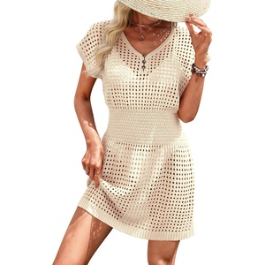 ATHMILE Womens Swimsuit Cover Up 2026 Short Sleeve V Neck Crochet Bathing Suit Beach Dress Summer Bikini Cover ups(Apricot)