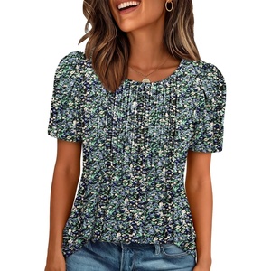 ATHMILE Womens T Shirts Short Sleeve Summer Tops Pleated Dressy Casual Blouses Spring Clothes Beach Vacation 2026(Floralblue)