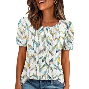 ATHMILE Womens T Shirts Short Sleeve Summer Tops Pleated Dressy Casual Blouses Spring Clothes Beach Vacation 2026(Multileaf)
