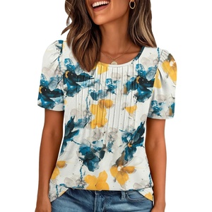 ATHMILE Womens T Shirts Short Sleeve Summer Tops Pleated Dressy Casual Blouses Spring Clothes Beach Vacation 2026(Multiteal)