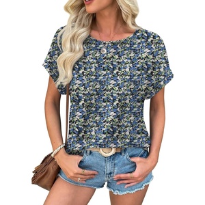 ATHMILE Women’s Tunics Loose Fit Dressy Blouses Summer Short Sleeve Tops with Curved Hem Beach Vacation Clothes for Women(Blue Floral)
