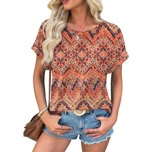 ATHMILE Women’s Tunics Loose Fit Dressy Blouses Summer Short Sleeve Tops with Curved Hem Beach Vacation Clothes for Women(Boho)