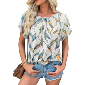 ATHMILE Women’s Tunics Loose Fit Dressy Blouses Summer Short Sleeve Tops with Curved Hem Beach Vacation Clothes for Women(Colorful Leaf)