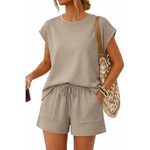 ATHMILE Womens Two Piece Crew Neck Short Sets Cap Sleeve Drawstring Spring Summer Sweatsuit with Pocket Beach Vacation(Khaki)
