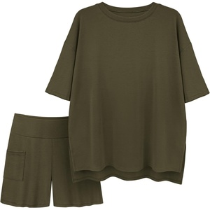 ATHMILE Womens Two Piece Short Lounge Sets Spring Summer Casual Oversized Shirts Airport Travel Outfit Beach Vacation 2026(Army Green)