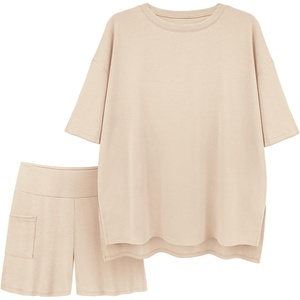 ATHMILE Womens Two Piece Short Lounge Sets Spring Summer Casual Oversized Shirts Airport Travel Outfit Beach Vacation 2026(Beige)