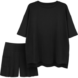 ATHMILE Womens Two Piece Short Lounge Sets Spring Summer Casual Oversized Shirts Airport Travel Outfit Beach Vacation 2026(Black)