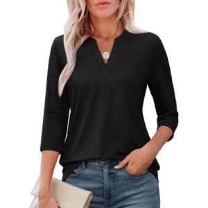 ATHMILE Womens V Neck 3/4 Sleeve T Shirts Spring Summer Tops Tunic Casual Tees Henley Beach Vacation Basic Fashion Clothes(Half-black)