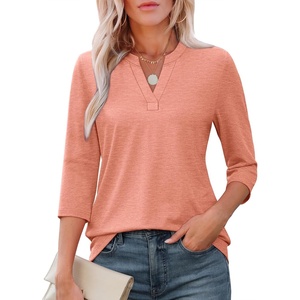 ATHMILE Womens V Neck 3/4 Sleeve T Shirts Spring Summer Tops Tunic Casual Tees Henley Beach Vacation Basic Fashion Clothes(Half-coral Pink)