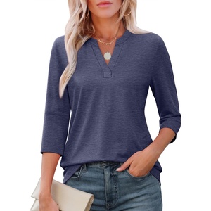 ATHMILE Womens V Neck 3/4 Sleeve T Shirts Spring Summer Tops Tunic Casual Tees Henley Beach Vacation Basic Fashion Clothes(Half-navy Blue)