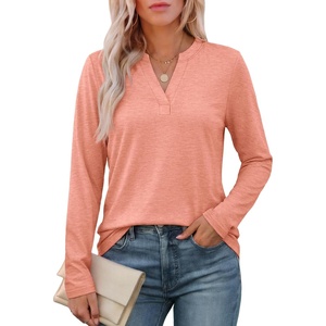ATHMILE Womens V Neck 3/4 Sleeve T Shirts Spring Summer Tops Tunic Casual Tees Henley Beach Vacation Basic Fashion Clothes(Long-coral Pink)