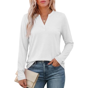 ATHMILE Womens V Neck 3/4 Sleeve T Shirts Spring Summer Tops Tunic Casual Tees Henley Beach Vacation Basic Fashion Clothes(Long-white)