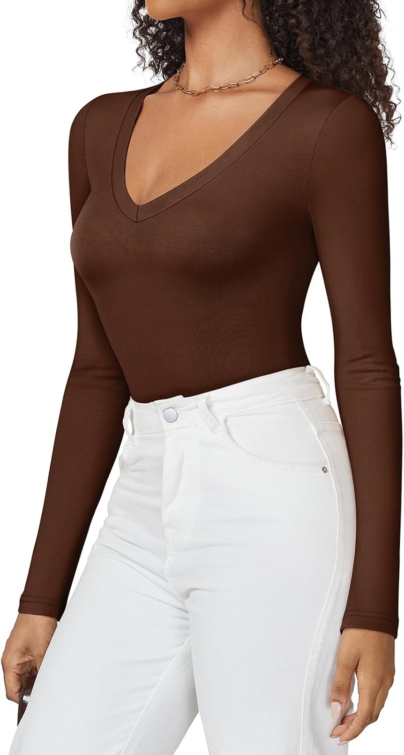 image:imageATHMILE Deep V Neck Long Sleeve Bodysuits for Women Sexy Going Out Tops Body SuitsCoffee