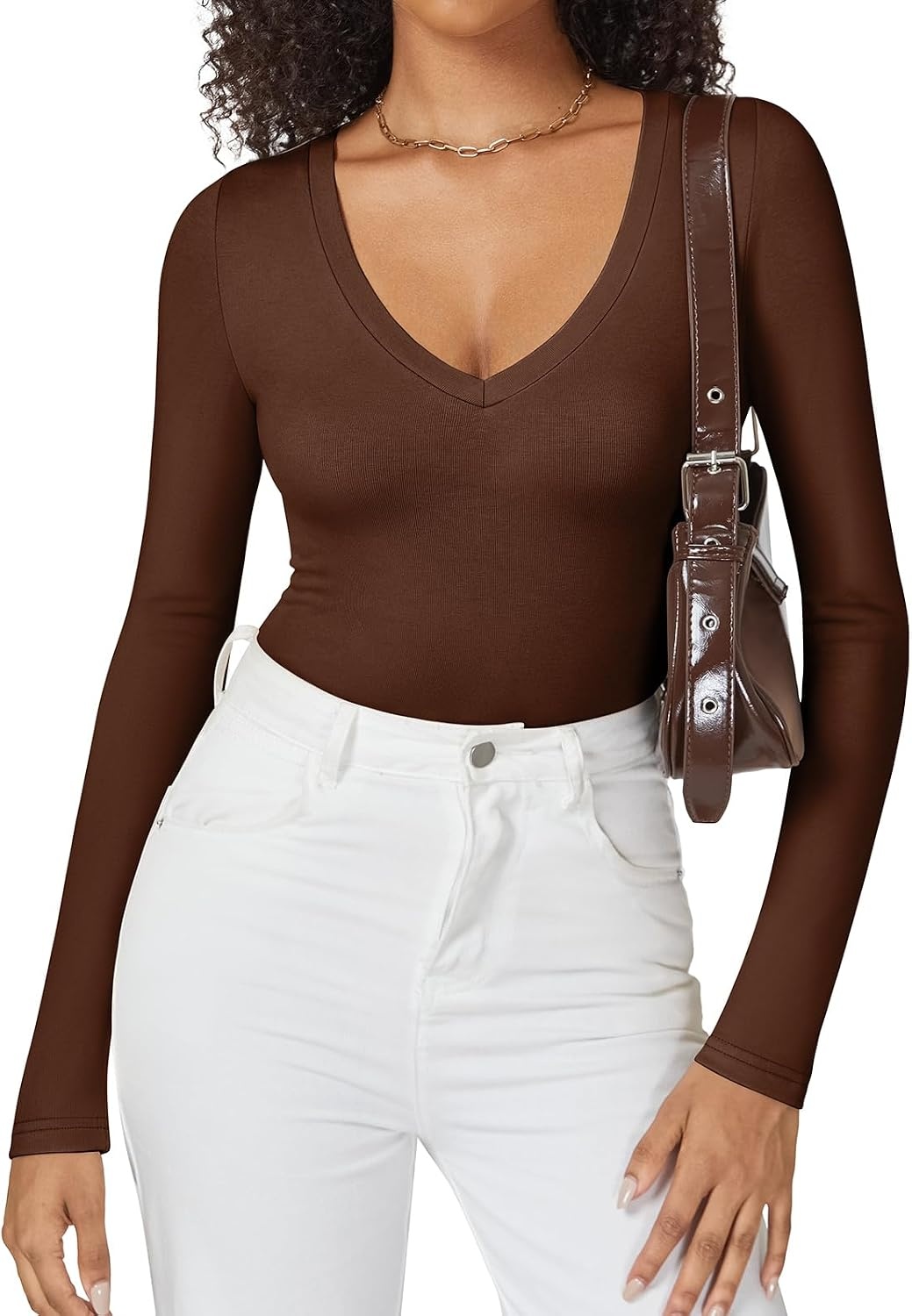 image:imageATHMILE Deep V Neck Long Sleeve Bodysuits for Women Sexy Going Out Tops Body SuitsCoffee