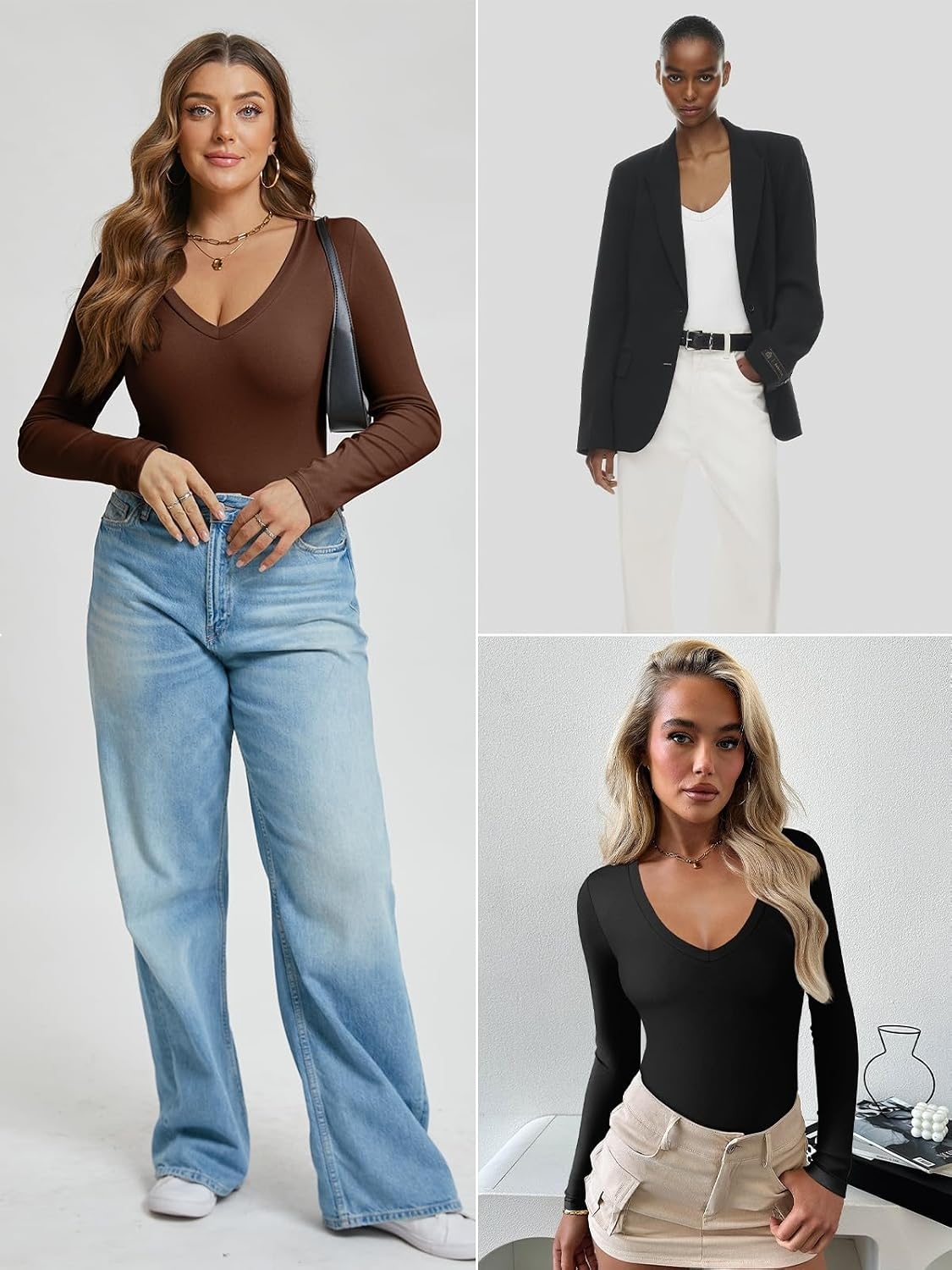 image:imageATHMILE Deep V Neck Long Sleeve Bodysuits for Women Sexy Going Out Tops Body SuitsCoffee