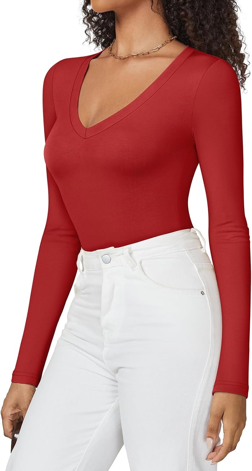 image:imageATHMILE Deep V Neck Long Sleeve Bodysuits for Women Sexy Going Out Tops Body SuitsRed