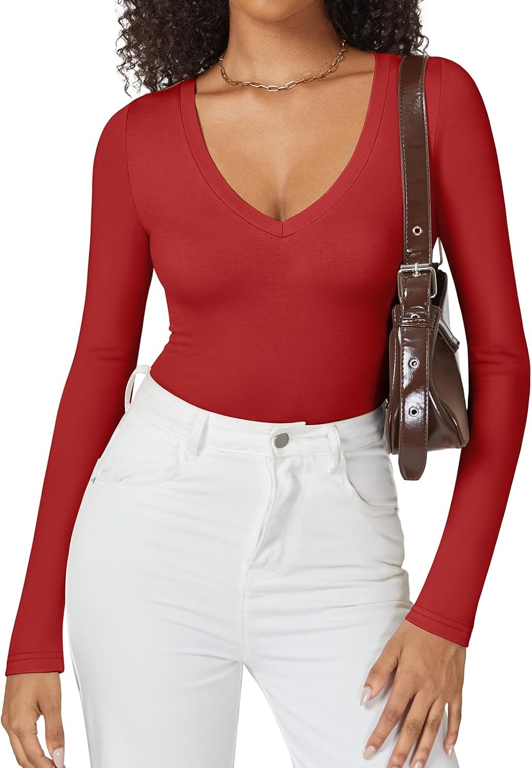 image:imageATHMILE Deep V Neck Long Sleeve Bodysuits for Women Sexy Going Out Tops Body SuitsRed