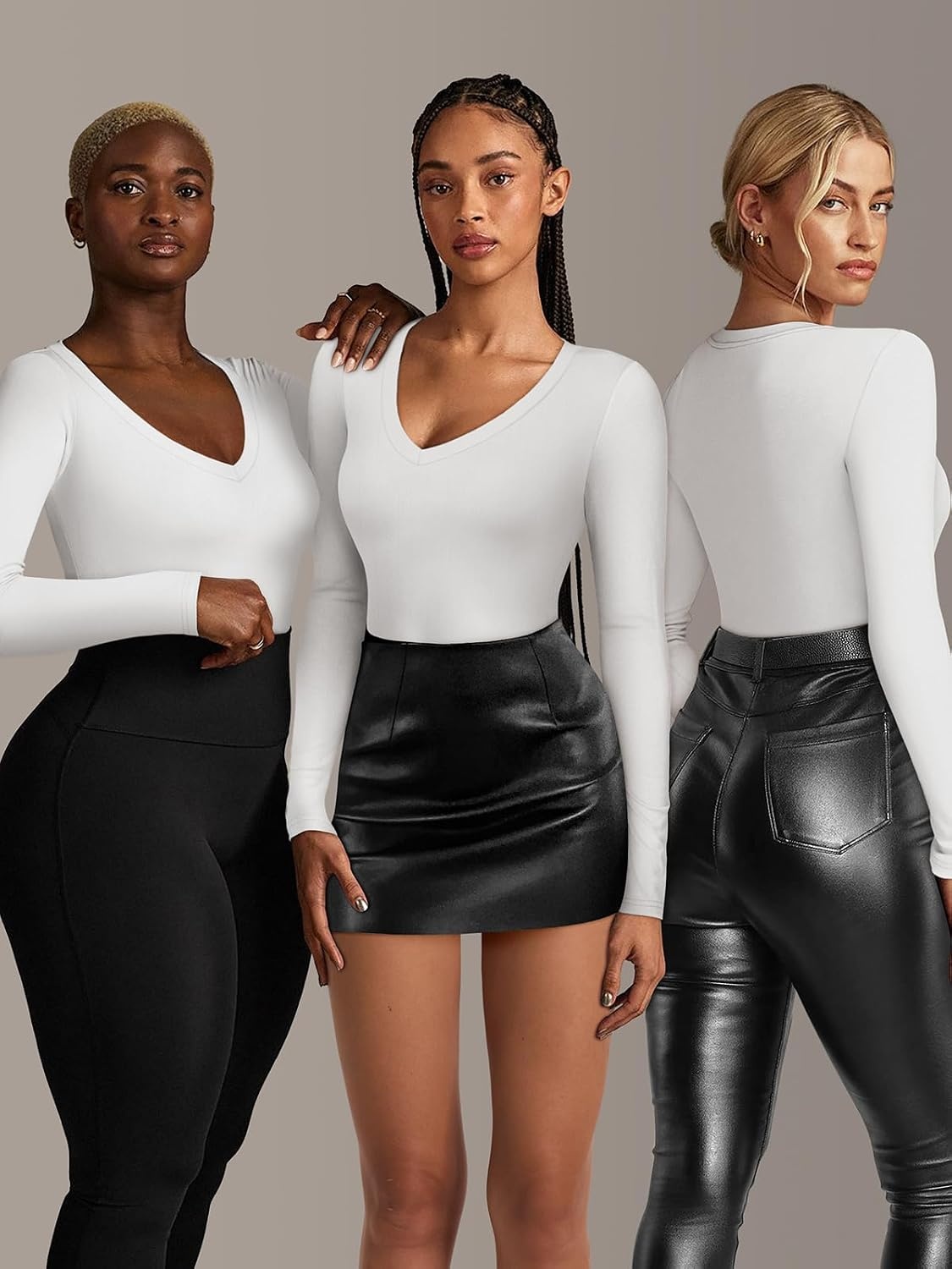 image:imageATHMILE Deep V Neck Long Sleeve Bodysuits for Women Sexy Going Out Tops Body SuitsWhite