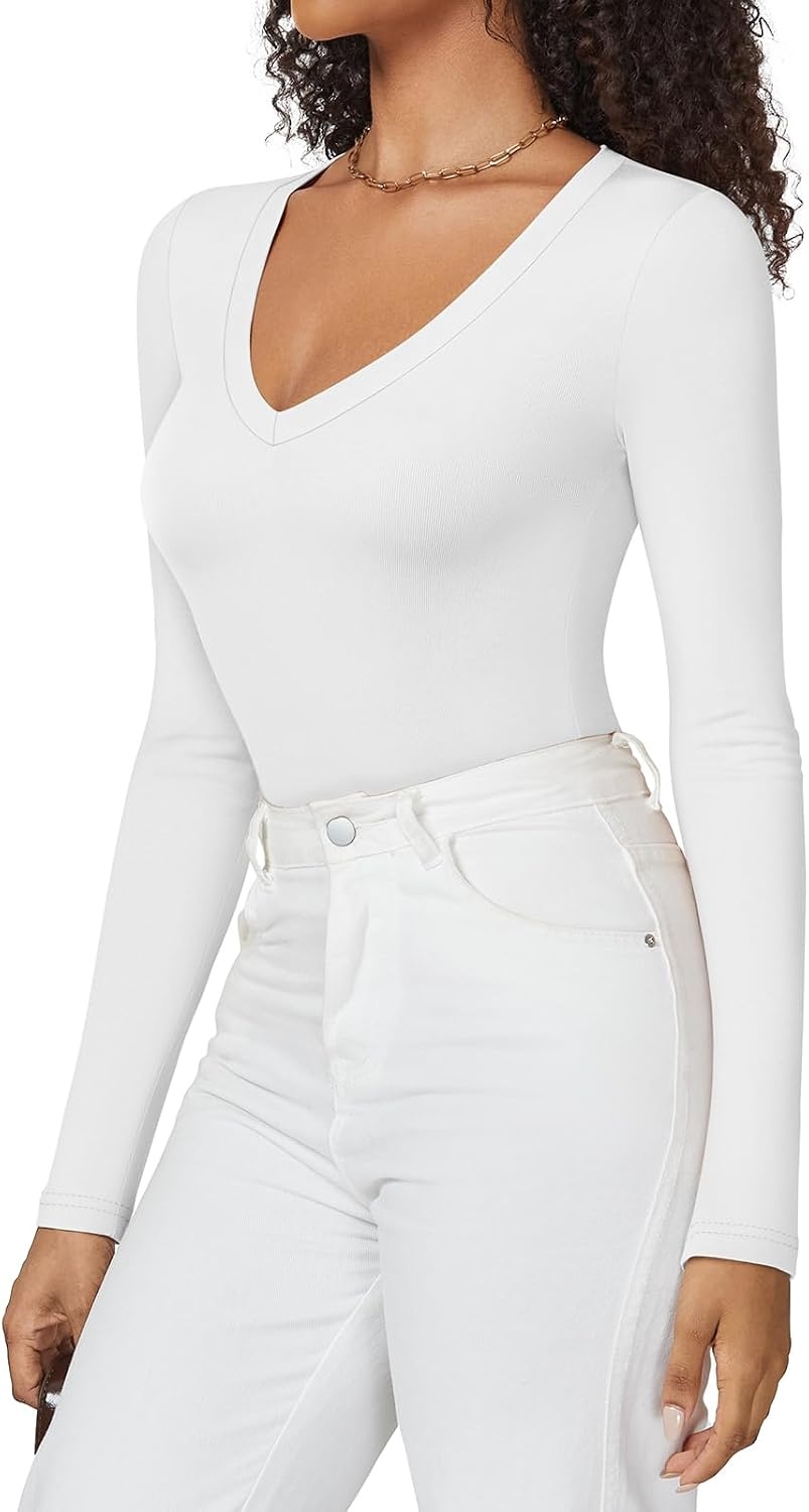 image:imageATHMILE Deep V Neck Long Sleeve Bodysuits for Women Sexy Going Out Tops Body SuitsWhite