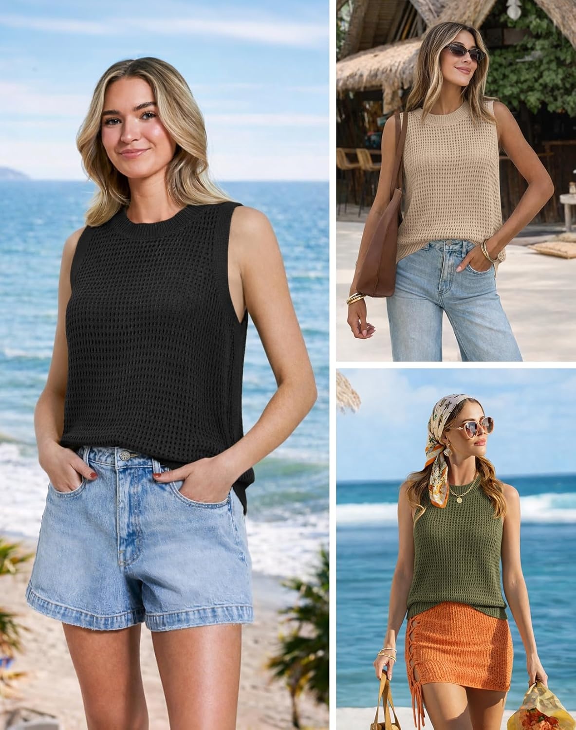 image:imageATHMILE Summer Crochet Tank Tops for Women 2026 Casual Crewneck Hollow Out Loose Knit Sleeveless Sweater Vest Top TrendyArmy Green