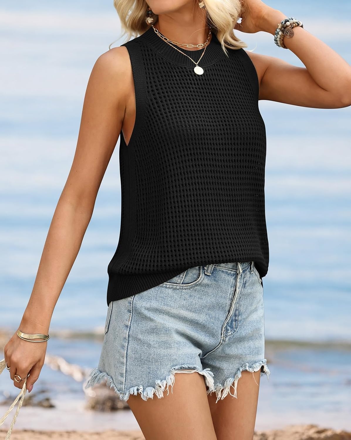 image:imageATHMILE Summer Crochet Tank Tops for Women 2026 Casual Crewneck Hollow Out Loose Knit Sleeveless Sweater Vest Top TrendyBlack