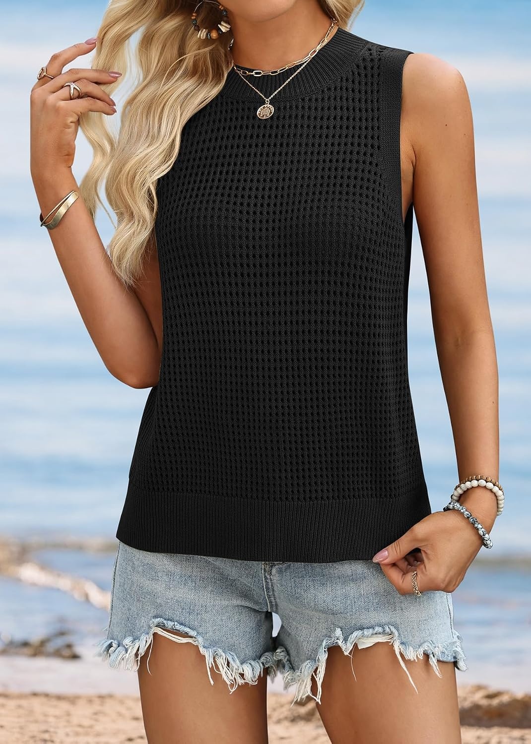 image:imageATHMILE Summer Crochet Tank Tops for Women 2026 Casual Crewneck Hollow Out Loose Knit Sleeveless Sweater Vest Top TrendyBlack