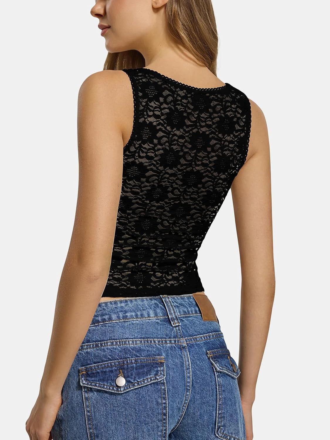 image:imageATHMILE Tank Top for Women Crop Square Neck Lace Trim Spring Summer Sleeveless Double Lined Basic Going Out Y2k Outfits 2026Black