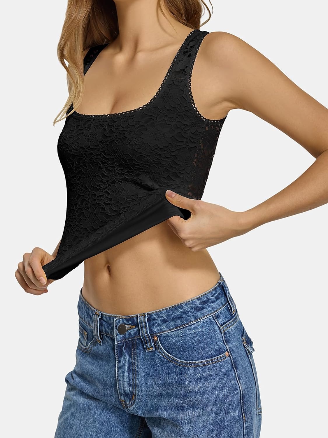 image:imageATHMILE Tank Top for Women Crop Square Neck Lace Trim Spring Summer Sleeveless Double Lined Basic Going Out Y2k Outfits 2026Black