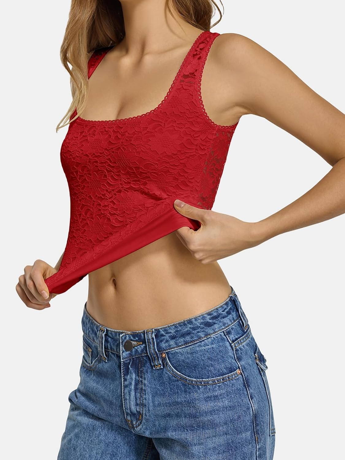 image:imageATHMILE Tank Top for Women Crop Square Neck Lace Trim Spring Summer Sleeveless Double Lined Basic Going Out Y2k Outfits 2026Red