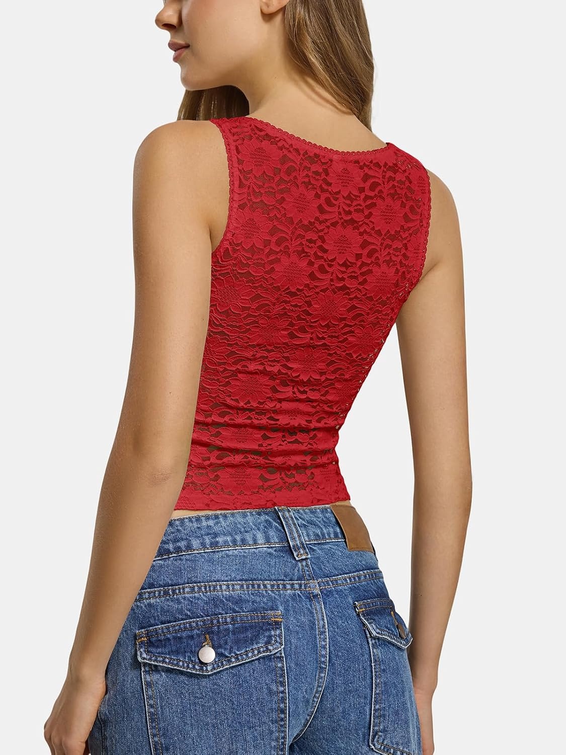 image:imageATHMILE Tank Top for Women Crop Square Neck Lace Trim Spring Summer Sleeveless Double Lined Basic Going Out Y2k Outfits 2026Red