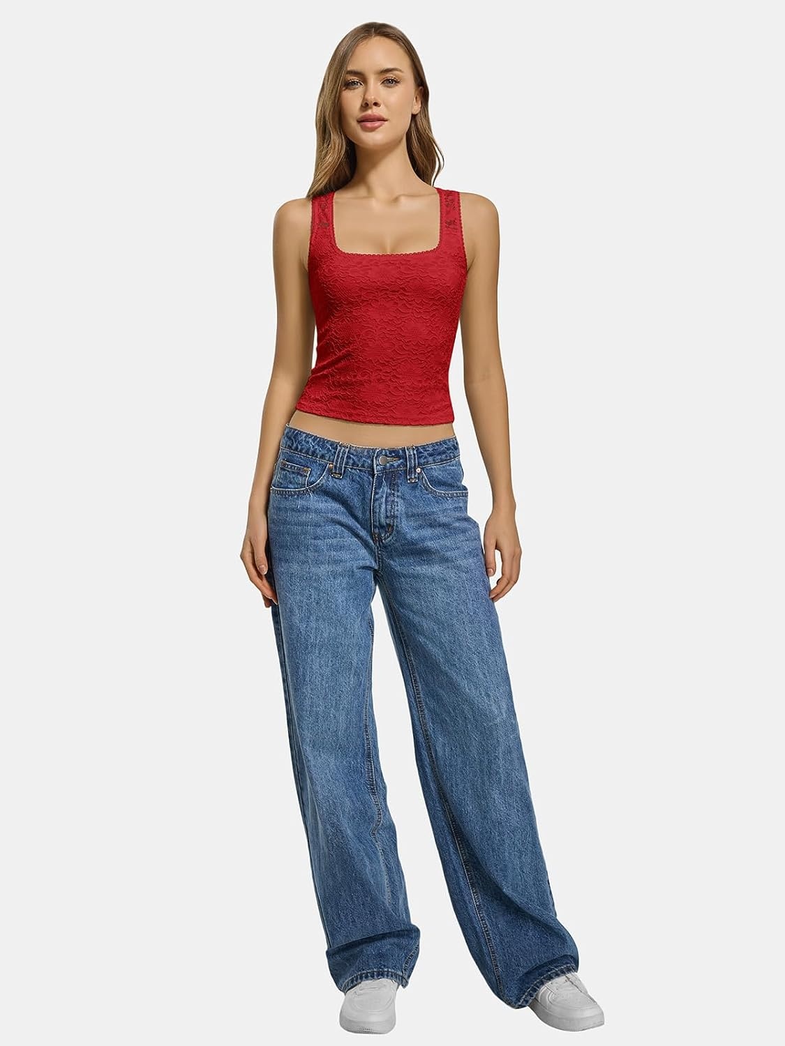 image:imageATHMILE Tank Top for Women Crop Square Neck Lace Trim Spring Summer Sleeveless Double Lined Basic Going Out Y2k Outfits 2026Red
