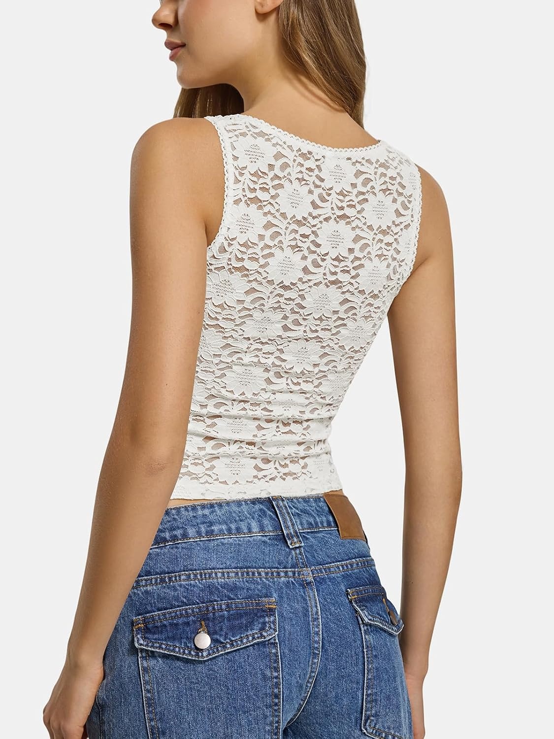 image:imageATHMILE Tank Top for Women Crop Square Neck Lace Trim Spring Summer Sleeveless Double Lined Basic Going Out Y2k Outfits 2026White