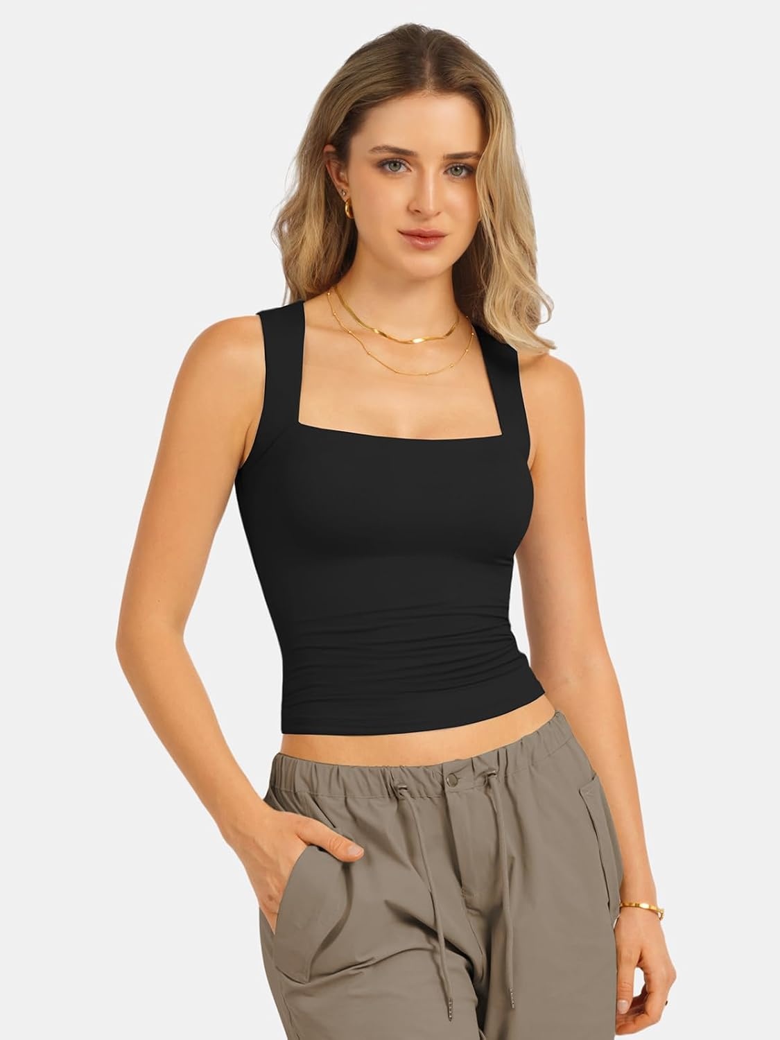 image:imageATHMILE Tank Tops for Women Square Neck Sleeveless DoubleLayer Tank Tops Basic Tight T ShirtsBlack