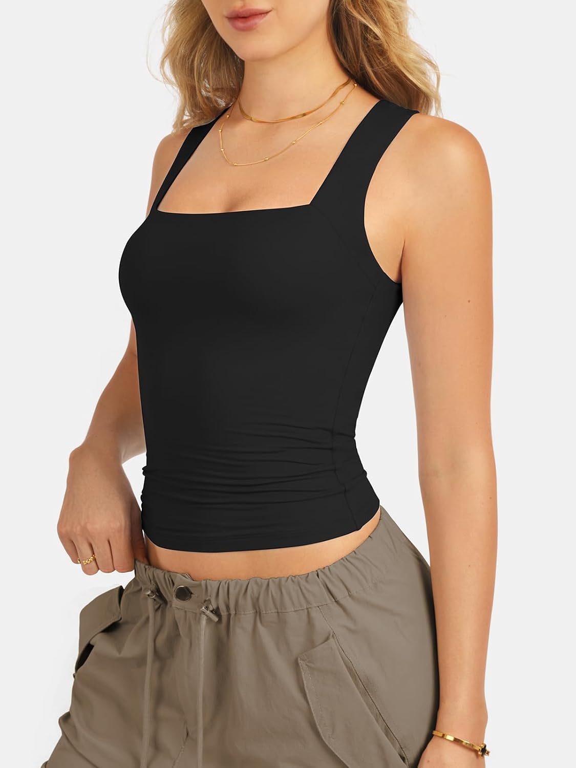 image:imageATHMILE Tank Tops for Women Square Neck Sleeveless DoubleLayer Tank Tops Basic Tight T ShirtsBlack
