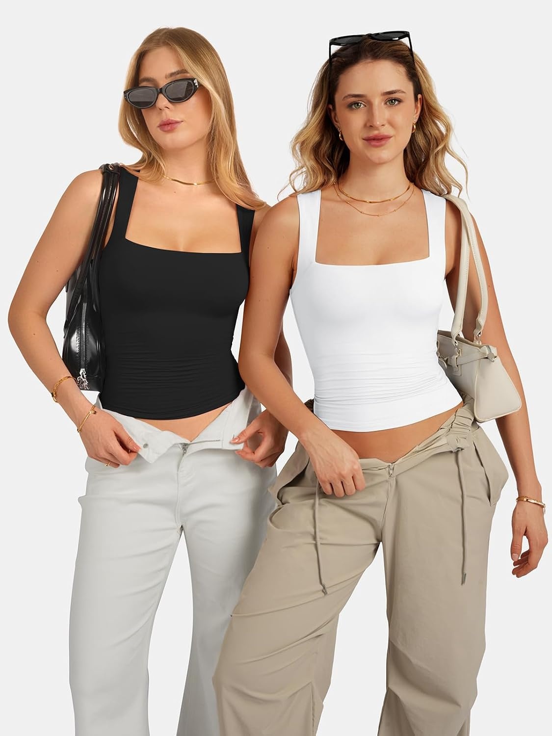image:imageATHMILE Tank Tops for Women Square Neck Sleeveless DoubleLayer Tank Tops Basic Tight T ShirtsBlack