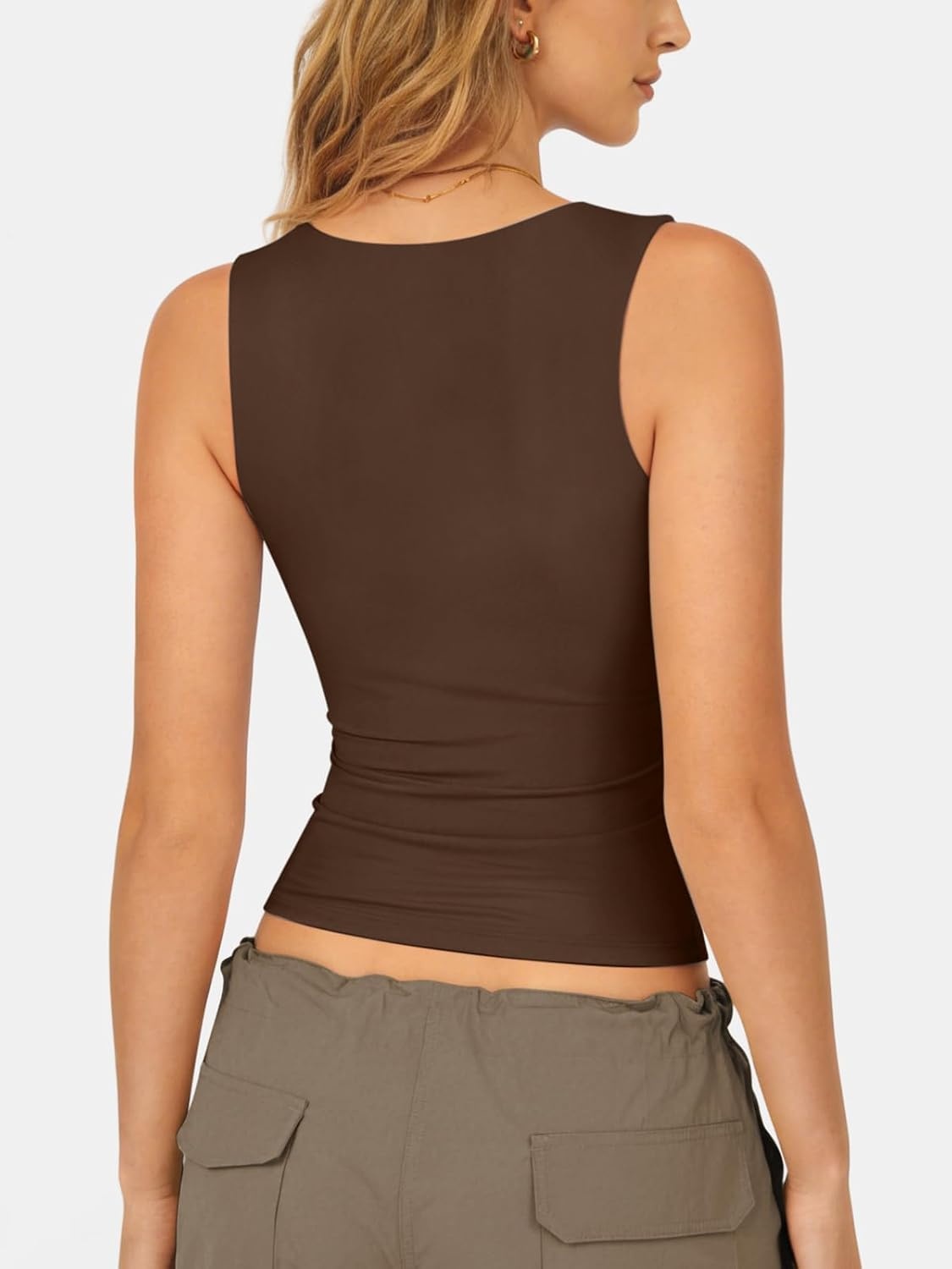 image:imageATHMILE Tank Tops for Women Square Neck Sleeveless DoubleLayer Tank Tops Basic Tight T ShirtsChestnut