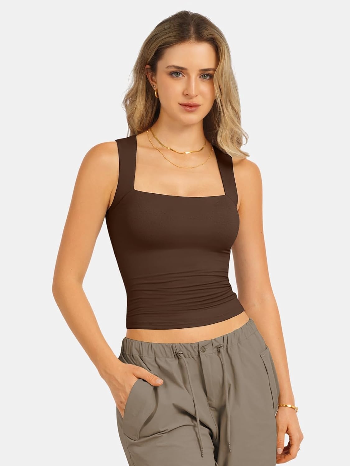 image:imageATHMILE Tank Tops for Women Square Neck Sleeveless DoubleLayer Tank Tops Basic Tight T ShirtsChestnut