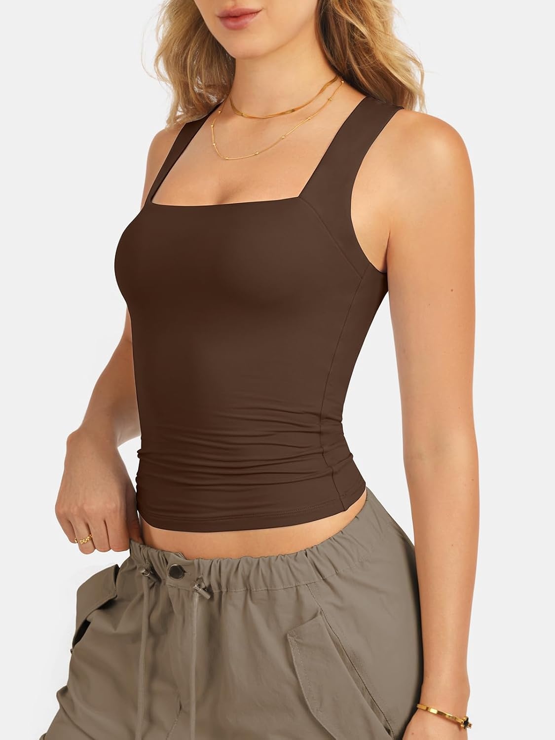 image:imageATHMILE Tank Tops for Women Square Neck Sleeveless DoubleLayer Tank Tops Basic Tight T ShirtsChestnut